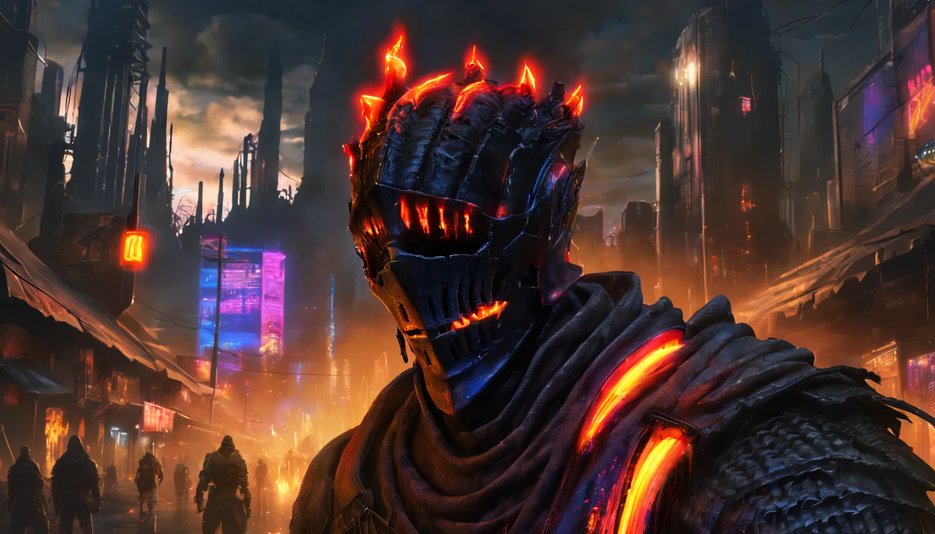 portrait of soul of cinder from dark souls 3, in a middle of a cyberpunk city,((cyberpunk city, neon lights, sci-fi, vibrant reflections, high detail, vivid colors, cinematic render)) 