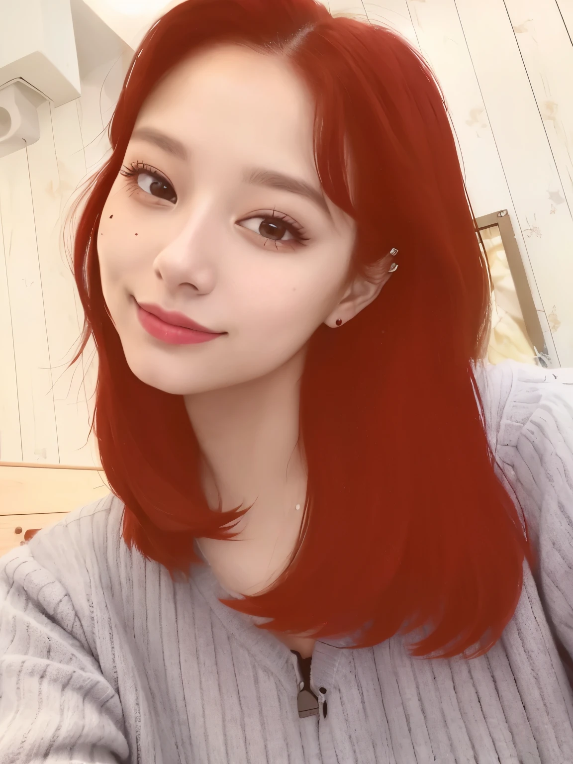 A close up of a person with a red hair and a sweater - SeaArt AI