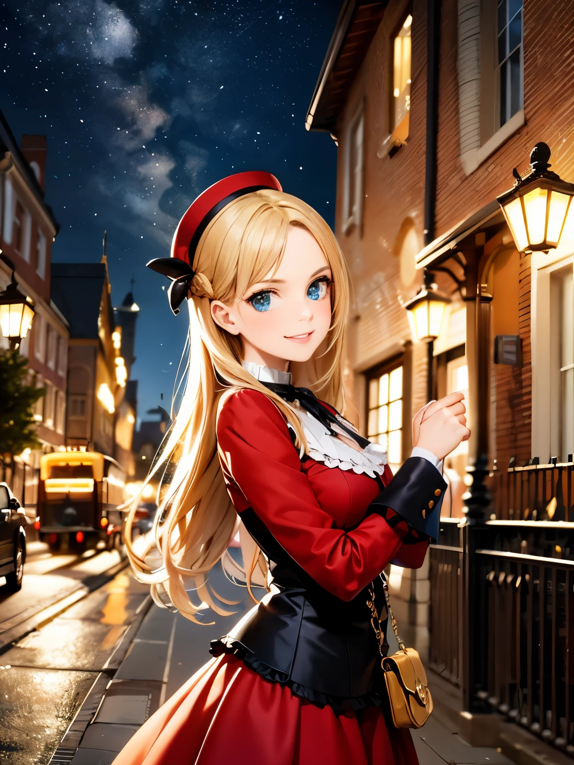 masterpiece), best quality, expressive eyes, perfect face,a girl smiles towards the camera in a wonderful sunny day. her smile is cheerful but contained and reserved, Victorian era posing in front of a period building, night, street lights, people along the road, horse-drawn carriages, romantic atmosphere, sky with various nocturnal colors and stars.​