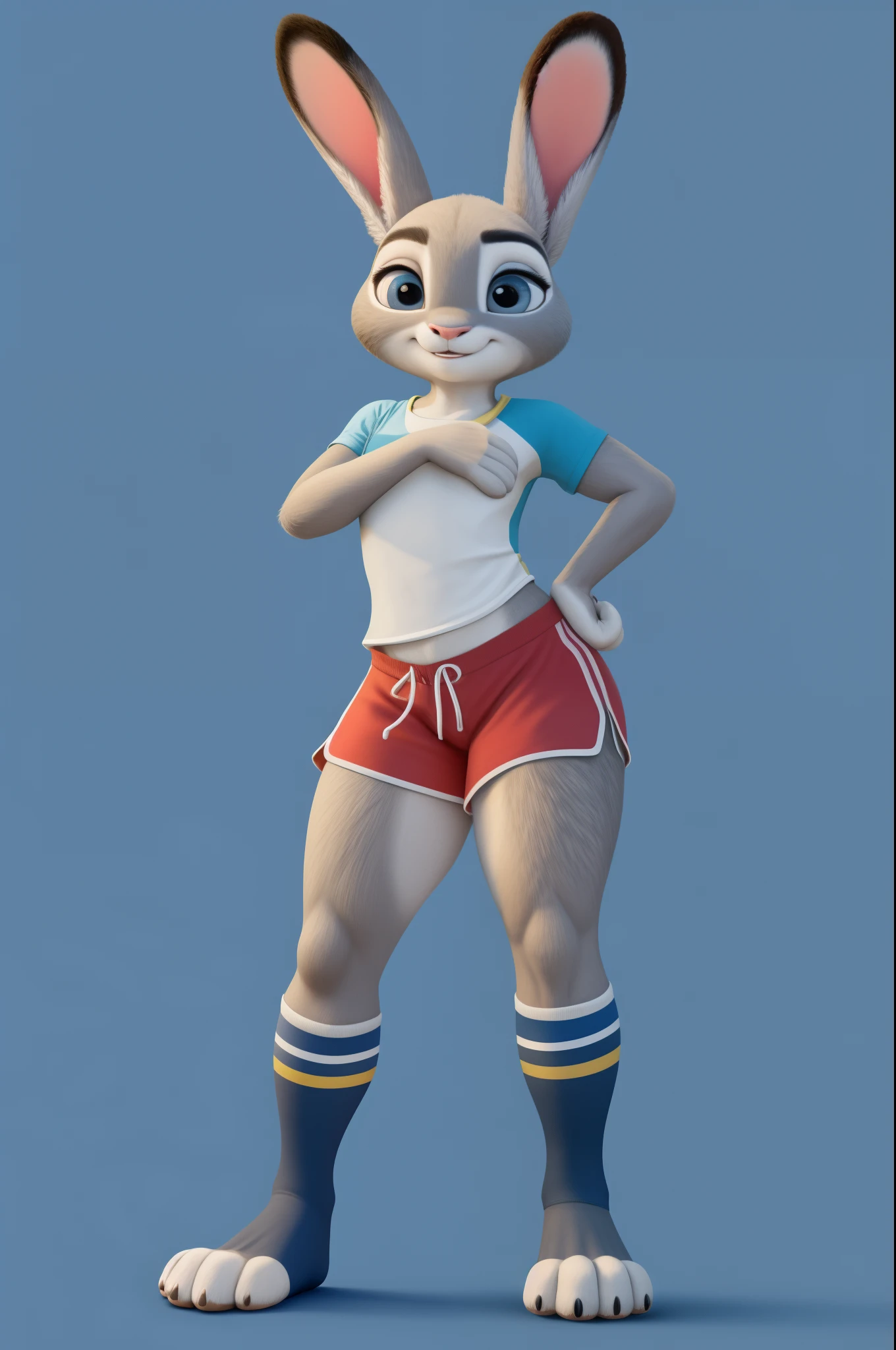 A cartoon bunny with a blue shirt and red shorts - SeaArt AI