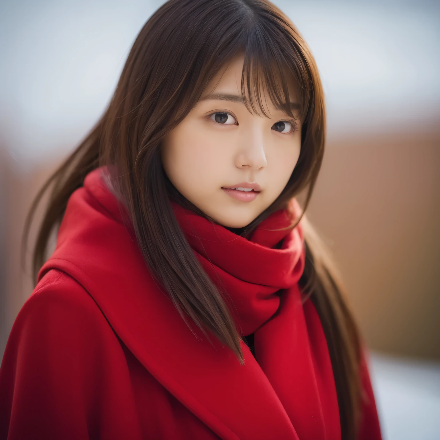 There is a woman in a red coat and a red scarf, Shin Jin Young, Choi Hong Hwa, sung by janice, Shahi, That&#39;s a cute Korean face, Nam Jae Young, Chiho, face photo profile picture, sun yunjoo, Ulzzang, Lee Ji Eun, Lee Ji Eun, she has a cute face