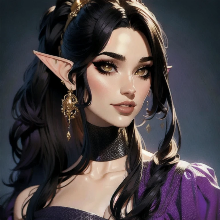 (masterpiece, best quality:1.2), 1girl, solo, black hair, half ponytail, purple and black dress, brown eyes that shine gold, beautiful face, perfect face, half-elf