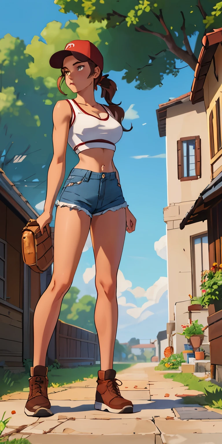 The beautiful, (tmasterpiece:1.2), (Best quality at best:1.2), perfect  eyes, s the perfect face, perfect litthing, 1个Giant Breast Girl, Sam, standing back, metathorax, baseball cap, black in color, , Brown hair, Crop top, cutoff point, Denim, denim short, facing away, from back, has cleavage, high legs, high legs, long whitr hair, median furrow, , Micro shorts, , pony tails, shorter pants, shorter pants, Side breasts,  Background with, Alone, vests, upper legs, Tong, underbust, underdressing, venue, grassy, walkway, humongous large breast, Wide hips, Place your arms at your sides