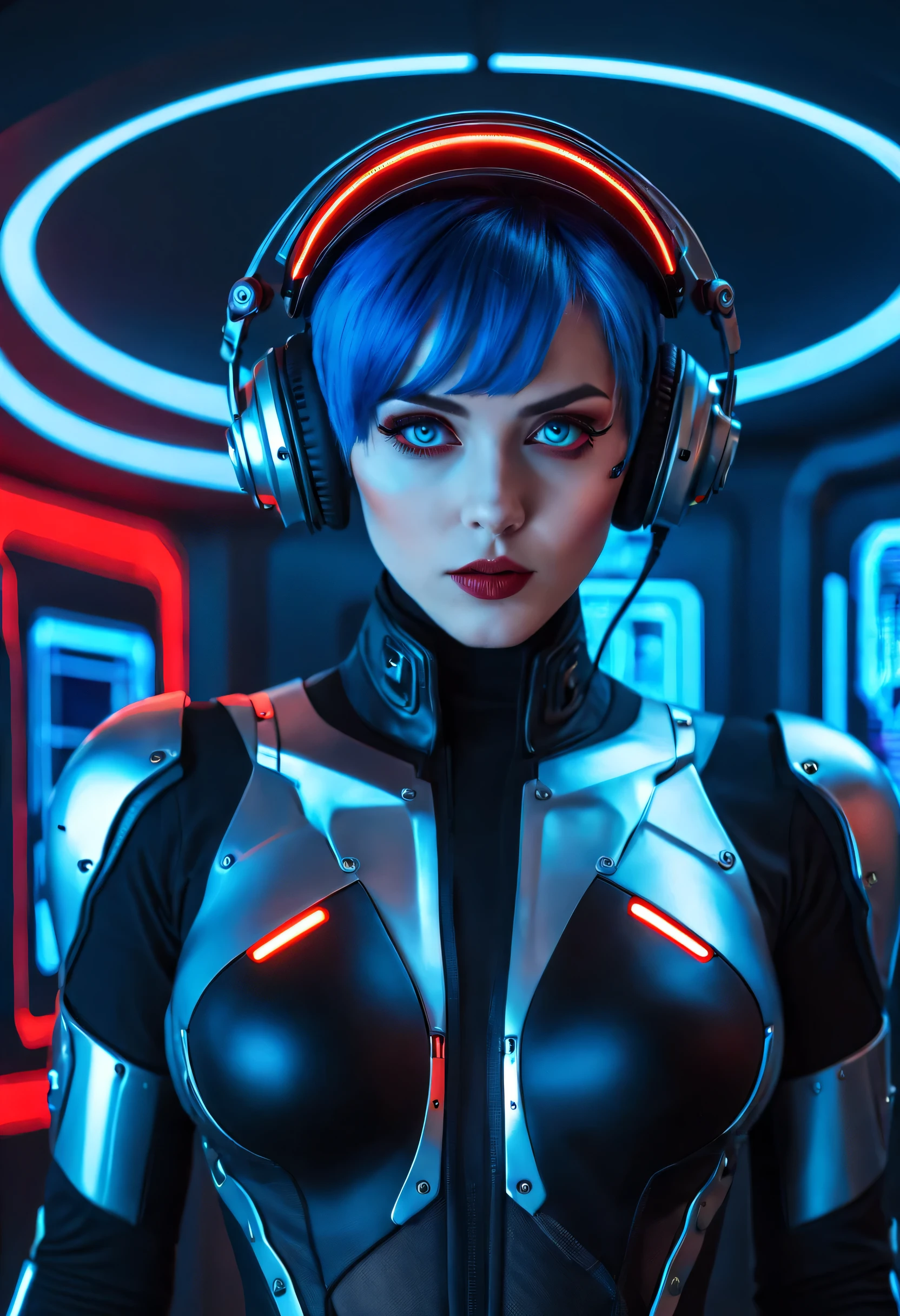 a female in a futuristic setting, featuring blue hair, large expressive eyes, and wearing a sleek black and silver bodysuit with mechanical details. She has a round headphone  with a red glowing light on top. The environment is a tech-command center with red ambient lighting, screens displaying technical data, and cables running along the walls. Her suit has glowing red elements, reflecting the light source from the helmet and surroundings.