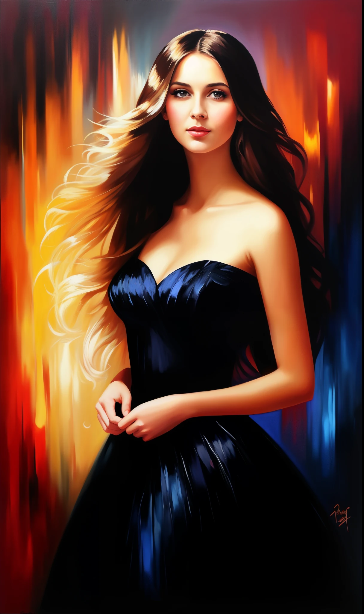 Masterpiece, Best quality, 1 girl, One, ((mature woman)), round pupils, long hair, hair, Princess, Black dress, fantasy, happy, I look at the viewer, cartoon, anime, (oil painting), light diffusion