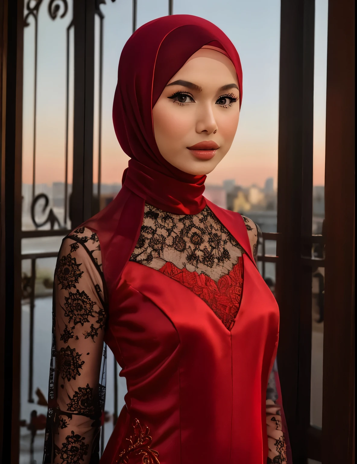 Il y a une femme en robe rouge posant pour une photo, inspiré par Maryam Hashemi, Maxime Soukharev, maille rouge sur le visage, belle femme orientale, belle femme arabe, inspiré par Irakli Nadar, peau du Moyen-Orient, inspiré par Hedi Xandt, Beauté arabe, Anna Nikonova alias Newmilky, tourné à l&#39;heure d&#39;or