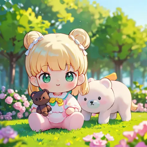 (best quality,4k,8k,highres,masterpiece:1.2),ultra-detailed,(realistic,photorealistic,photo-realistic:1.37),Illustration,Octane Render,morning park,a  walking with a teddy bear, the girl has a bun hairstyle and a smiling face, vibrant colors, soft sunlight...