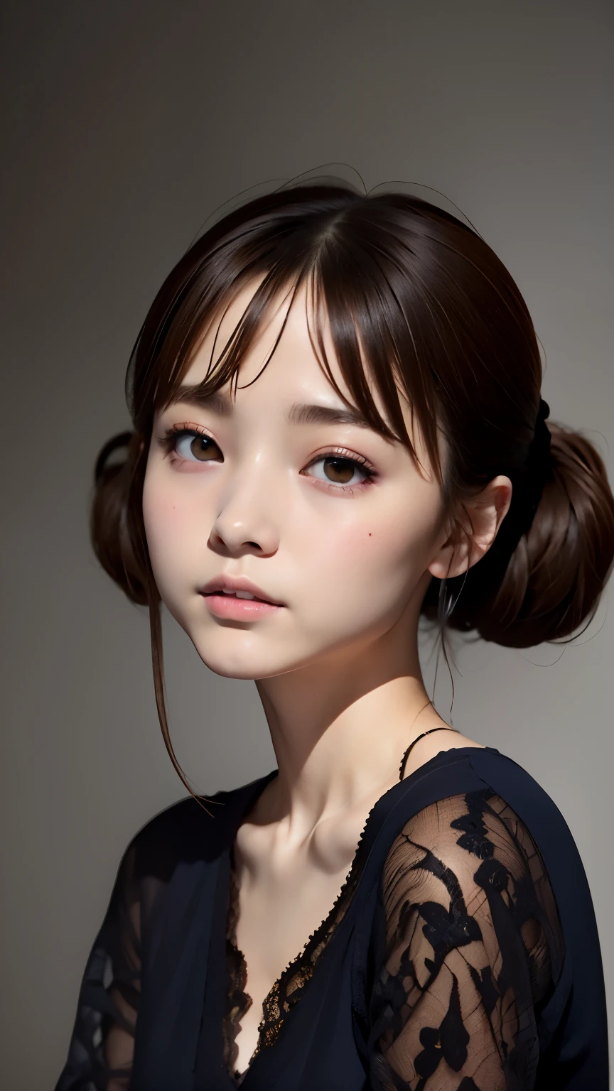 portrait、masterpiece:1.3、one girl、Upper body、Upper body、baby face、natural look、very cute、charming eyes、small breasts、brown hair、shortcut、短いtwin tails:1.3、twin tails、plump lips、no makeup、luxury shirt with lace、black shirt、RAW photo、最high quality、High resolution、Super detailed、high quality、Detailed details、８ｋ、(((blurred background、gray wall、gray background、White world、studio:1.5、cinematic lighting、professional photographer)))