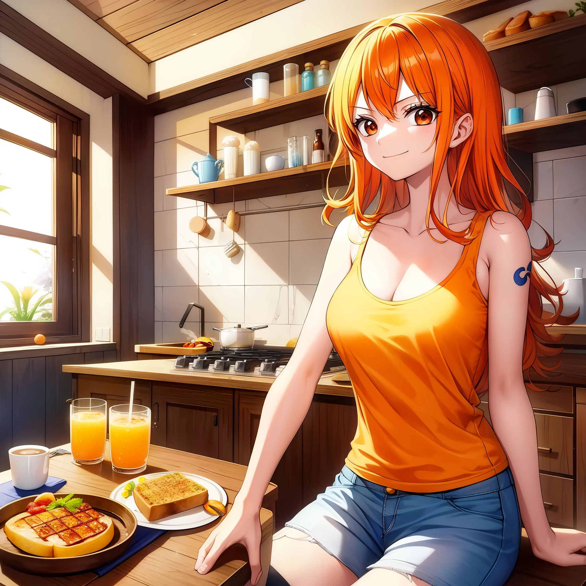 morning of new adventure、ONE PIECEの航海士であるナミが、Enjoying breakfast in casual clothes。She is wearing a bright orange shirt and denim shorts.、Adventure Day々He looks full of energy in preparation for。

on the kitchen table、A delicious looking breakfast prepared by Nami is spread out.。An assortment of simple yet healthy dishes、Toasted toast served with fresh fruit、Butter and honey add exquisite flavor。her eyes、The deliciousness of the breakfast shines as much as the excitement of the adventure.。

On the side、There is a glass with a glass of orange juice poured into it。that clear liquid、Shining brightly in the light of the morning sun、It symbolizes the energetic morning energy.。Nami while holding the juice、Take a refreshing sip、smiles with satisfaction。

The morning sun shining through the window、Make Nami&#39;s hair sparkle、Makes you look forward to an adventure route。What does her casual breakfast look like?、It represents Nami&#39;s attitude of valuing relaxation and delicious food even in between adventures.。