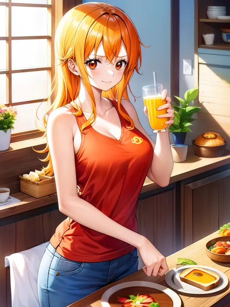morning of new adventure、ONE PIECEの航海士であるナミが、Enjoying breakfast in casual clothes。She is wearing a bright orange shirt and denim shorts.、Adventure Day々He looks full of energy in preparation for。

on the kitchen table、A delicious looking breakfast prepared ...