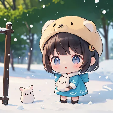 There is snow on the right side、The left half is summer、the girl looks surprised