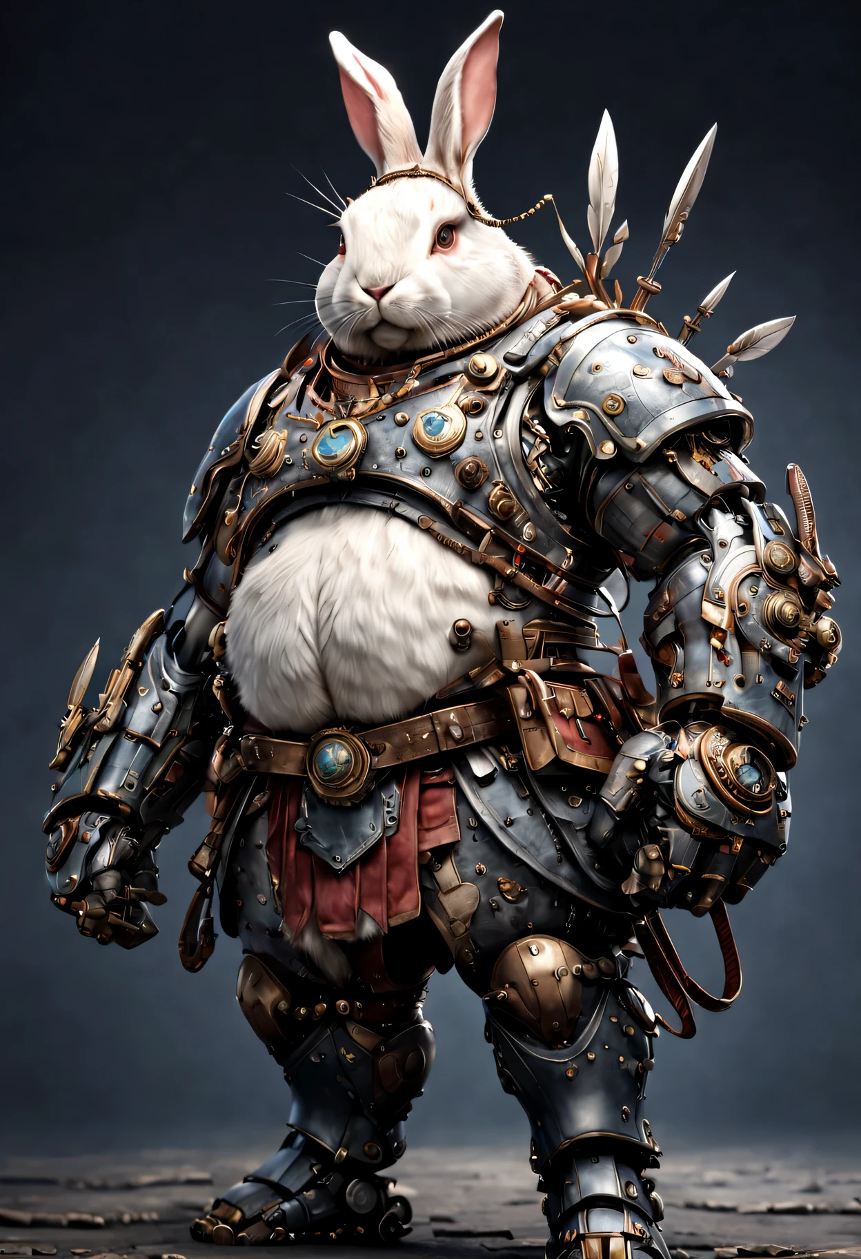 photorealistic portrait of Dressed animals - a ((fat)) rabbit warrior,(brave pose), high quality,(lovely) ,intricate detailed giant mechanical arms, highly detailed ((mechanical armor) ,,highly detailed decorations, , (brave), studio lighting,(full body image from head to toe:1.5)
