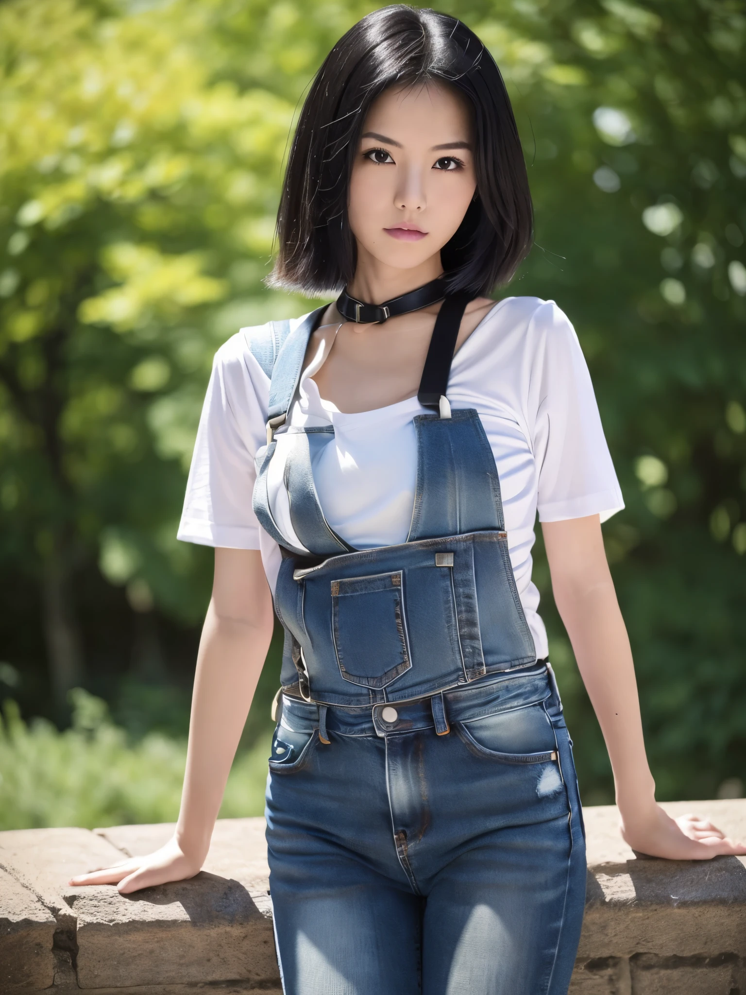 Arafed asian woman in overalls posing on a stone wall - SeaArt AI