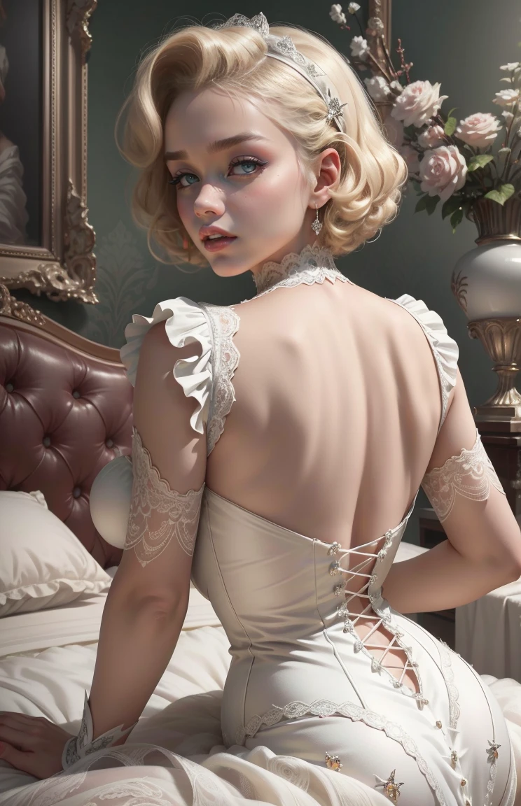 (Masterpiece - Ultra-Detailed, High Resolution) Prepare to be enchanted by a true masterpiece that combines ultra-detailed art with high-resolution rendering. This work shows a mesmerizing woman, with short, light blonde hair, 1950s style, Marilyn Monroe (1.3) and captivating brown eyes (1.2),(brown eyes) New York illustration style, wearing red lipstick, emanating an aura of elegance and mystery. Wearing victorian classic 1950s clothing. sexy. Intricate details and realistic textures invite you to explore every aspect of this enchanting composition. Transparent white dress. Laying on the bed, backwards, looking back. Get ready to dive into a world where beauty and craftsmanship merge perfectly.