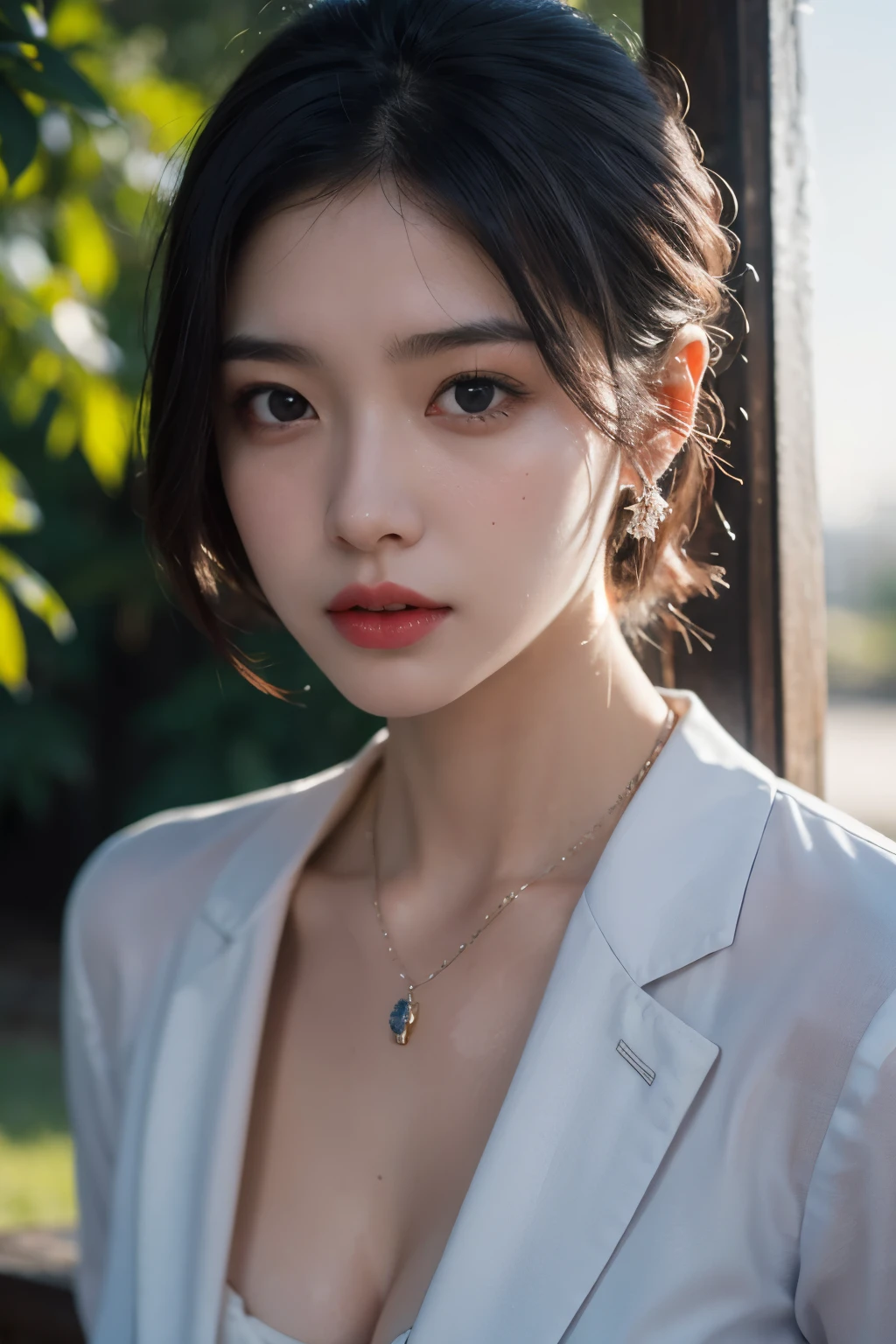 8K, HDR, Top quality, Masterpiece, (Realistic: 1.2), 20-years-old mixed (dilraba dilmurat : 0.5)-(alexandra daddario : 0.5)-(japanese-korean) 1girl, purple shaded blue hair, messy short hair, Blue eyes, Upper body, Wearing business suit attire, necklace, holding chin, outside the park. oval face, ((orange lips)), Detailed face, Beautiful eyes, Teary eyes. Professional Photography, medium shot, Hyper Realism, volumetric lighting, ambient lighting, sunset, hot summer, hyperdetailed, (moist sweaty skin:1.2), (shiny body:1.3), extremely detailed face, extremely detailed eyes, extremely detailed skin, extremely detailed nose, extremely detailed mouth, perfect anatomy. (perfect round small breast A-Cup:0.75), slight cleavage
