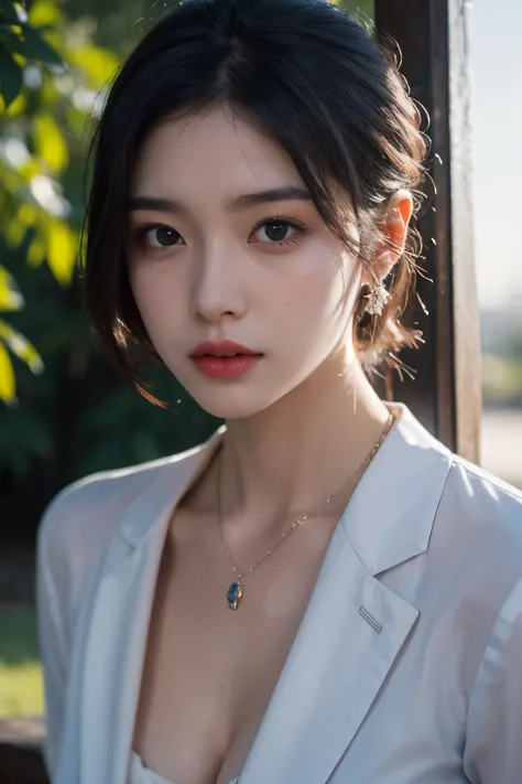 8K, HDR, Top quality, Masterpiece, (Realistic: 1.2), 20-years-old mixed (dilraba dilmurat : 0.5)-(alexandra daddario : 0.5)-(japanese-korean) 1girl, purple shaded blue hair, messy short hair, Blue eyes, Upper body, Wearing business suit attire, necklace, h...
