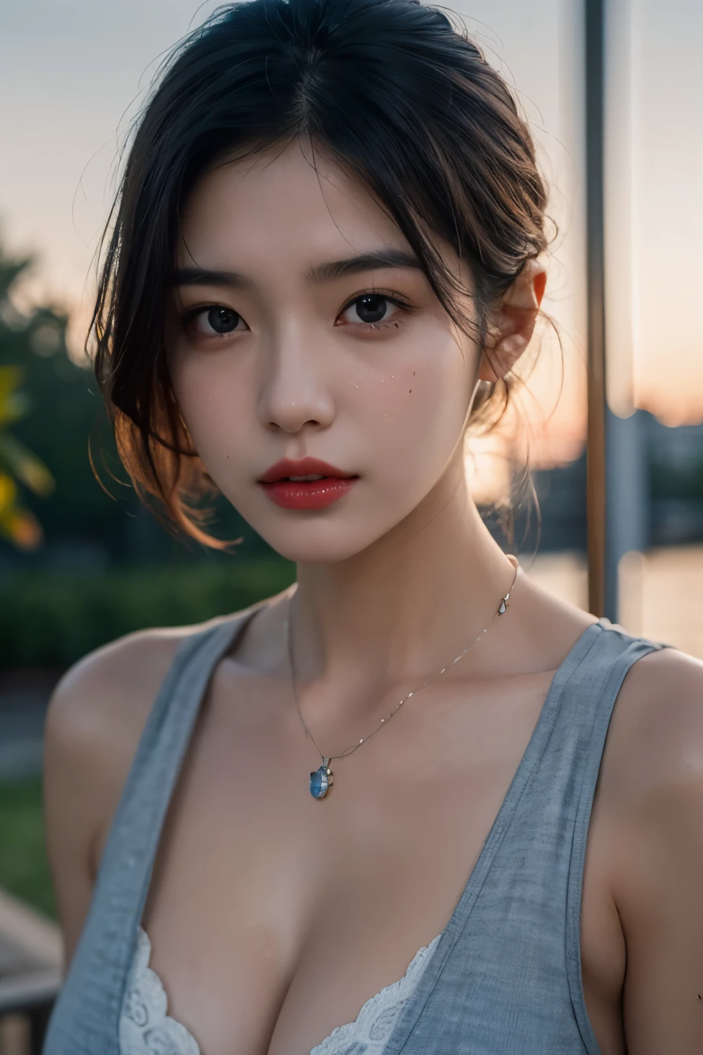 8K, HDR, qualidade máxima, obra de arte, (realista: 1.2), 20 anos misto (dilraba dilmurat : 0.5)-(Alexandra Daddario : 0.5)-(Japonês-Coreano) 1 garota, cabelo azul sombreado roxo, cabelo curto bagunçado, olhos azuis, tronco, Vestindo traje social, colar, segurando o queixo, Fora do parque. face oval, ((lábios laranja)), rosto detalhado, Olhos lindos, Olhos lacrimejantes. fotografia profissional, tiro médio, hiper-realismo, iluminação volumétrica, iluminação ambiente, pôr do sol, Verão quente, hiperdetalhado, suado (Pele úmida:1.2), (corpo brilhante:1.3), rosto extremamente detalhado, olhos extremamente detalhados, pele extremamente detalhada, nariz extremamente detalhado, boca extremamente detalhada, anatomia perfeita. (seios pequenos e redondos perfeitos A-Cup : 0.5), ligeiro decote
