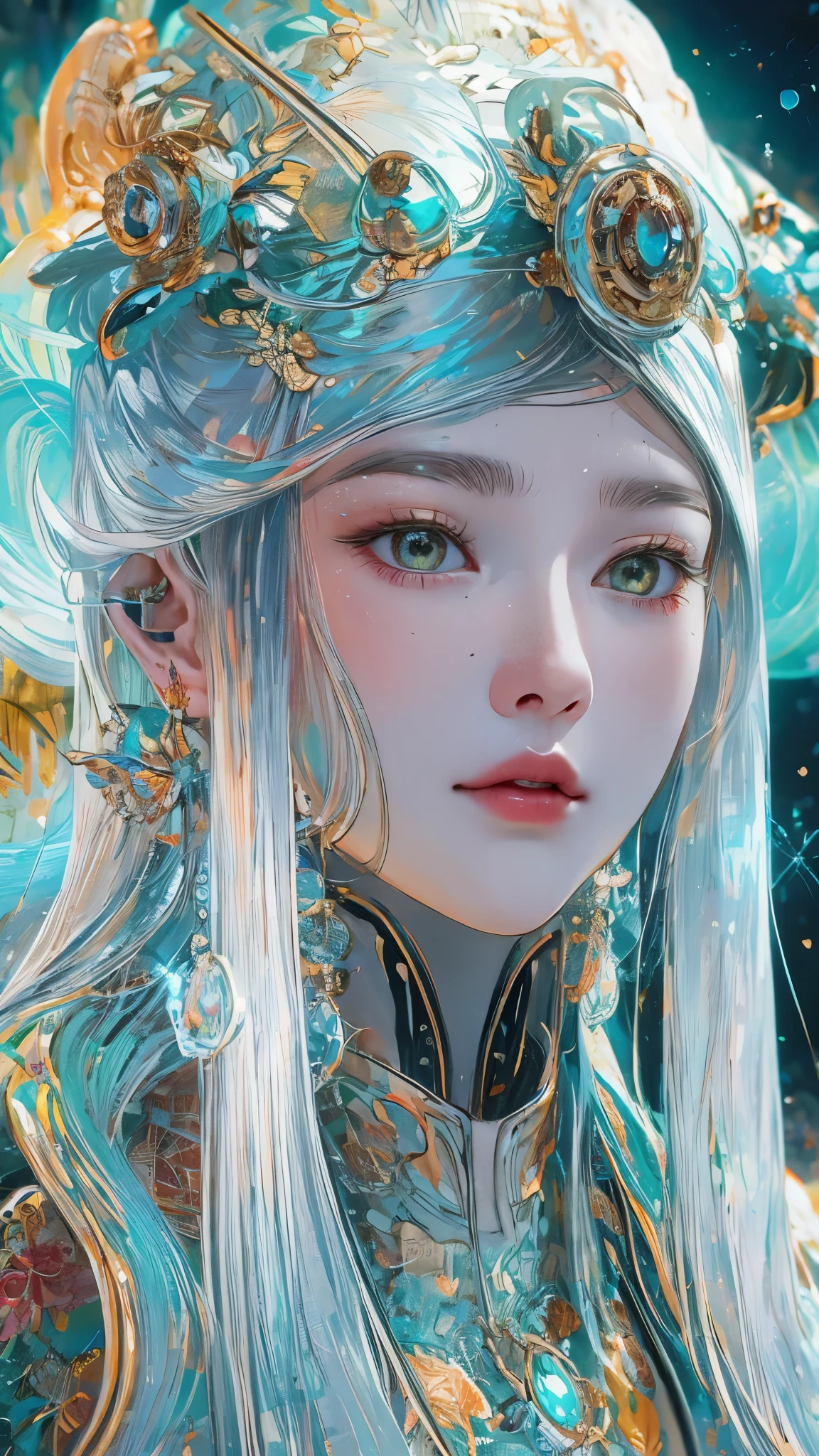 Tang suit，Chinese Hanfu，face close-up，a image of a woman wearing colorful robot tech, in the style of free-flowing surrealism, shiny/glossy, precise and lifelike, hard surface modeling, precisionist lines, light silver and azure, engineering/construction and design，Luminous Big Hat Luminous Hair Accessories, long hair, Luminous earrings, glow necklace, cyberpunk,transparent clothes，rainbow colors