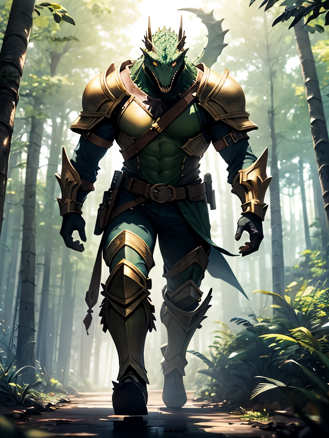 Lizardman, green armor, full armor, fantasy anime, forest, yellowish green, camouflage, big, tall