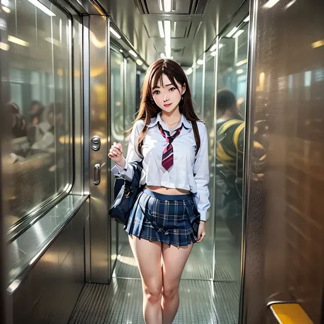 on the train、high school girl, school uniform, pleated skirt, one beautiful girl, white panties