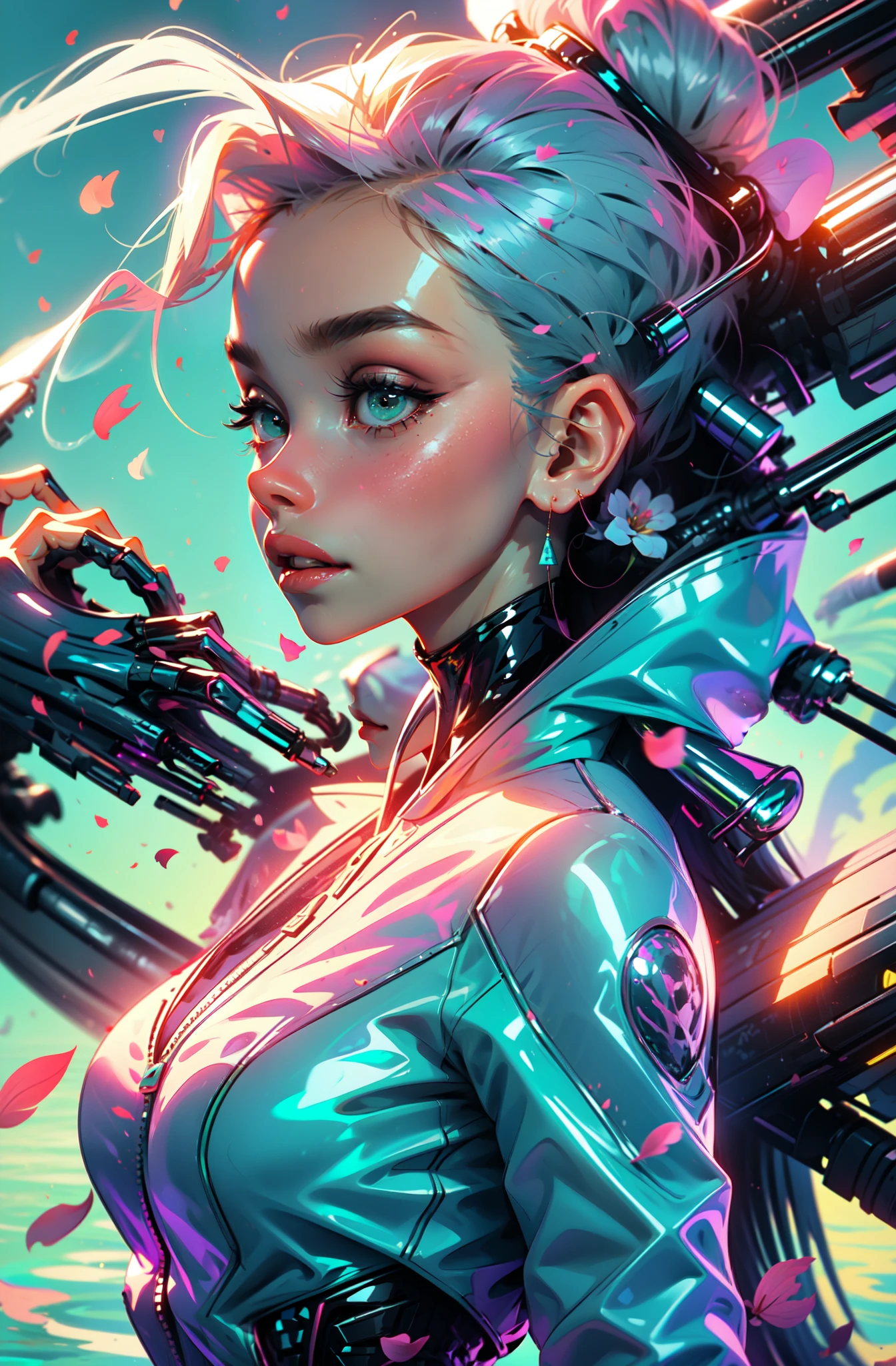 cyberpunk female woman wearing (turquoise Jacket with chromatic accents:1.1), sleek pink and White full bodysuit, side view turning to face camera, (Petal Blush, Lagoon Blue color background:1.3), amazing smile, looking at camera, golden hour