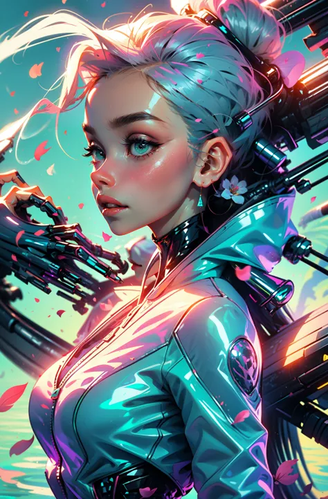 cyberpunk female woman wearing (turquoise Jacket with chromatic accents:1.1), sleek pink and White full bodysuit, side view turn...