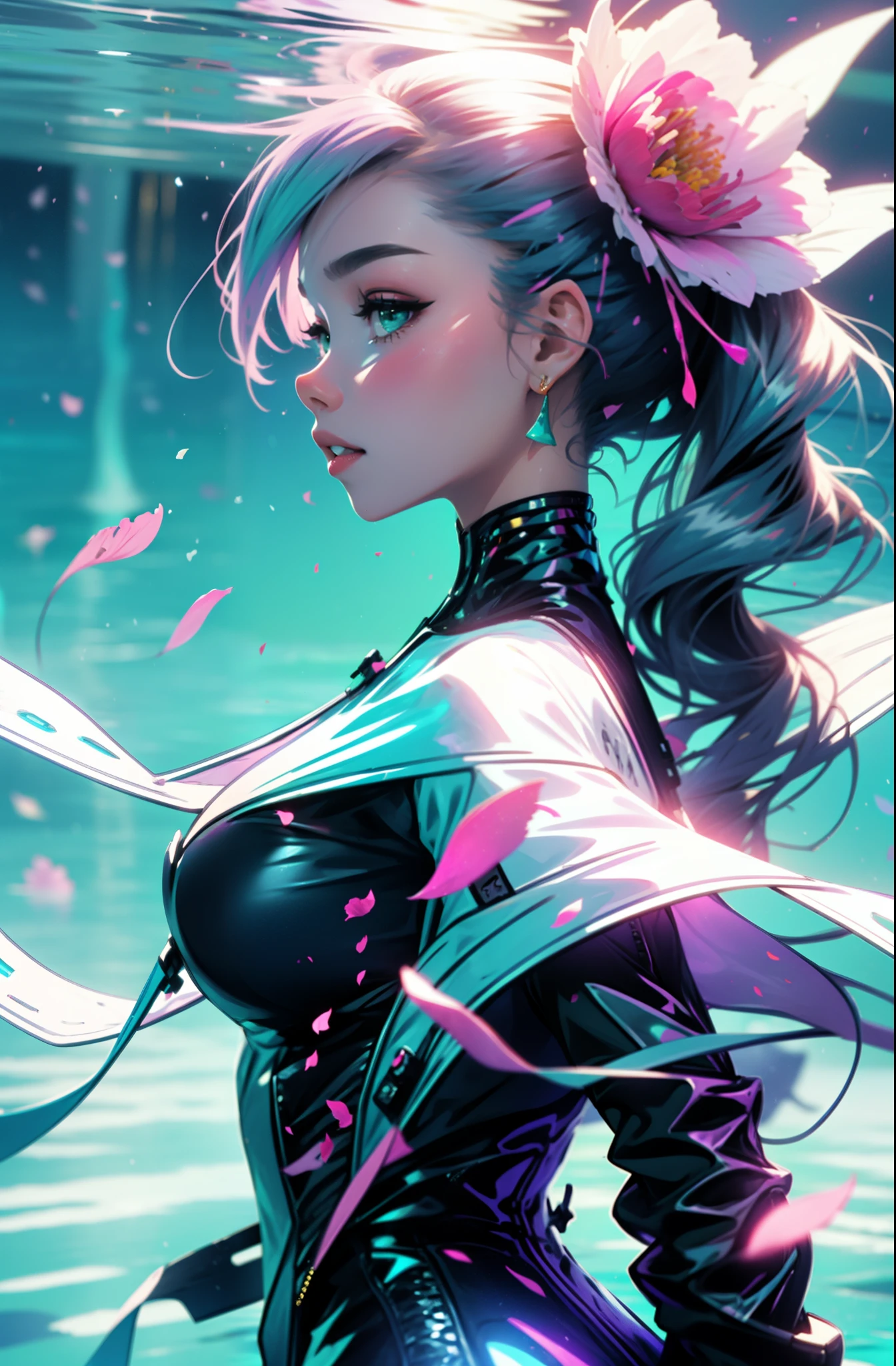 cyberpunk female woman wearing (turquoise Jacket with chromatic accents:1.1), sleek pink and White full bodysuit, side view turning to face camera, (Petal Blush, Lagoon Blue color background:1.3), amazing smile, looking at camera, golden hour