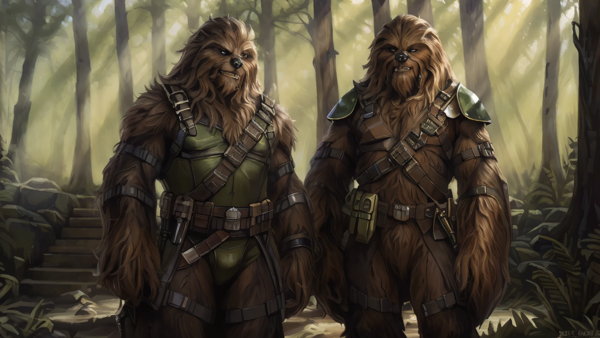 ((Two tall strong male wookies wearing green leotards with a utility belt)), thigh holster, bandoleer, leather straps, tactical, Star Wars blaster, gun, dilf, shoulder pads, 4K, Detailed Background, forest, bright sunlight, detailed eyes, narrow eyes, realistic eyes, serious eyes, symmetrical eyes, by personalami, by ruardri, by thebigslick, by kenket