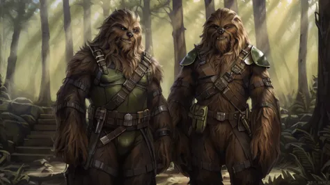 ((two tall strong male wookies wearing green leotards with a utility belt)), thigh holster, bandoleer, leather straps, tactical,...