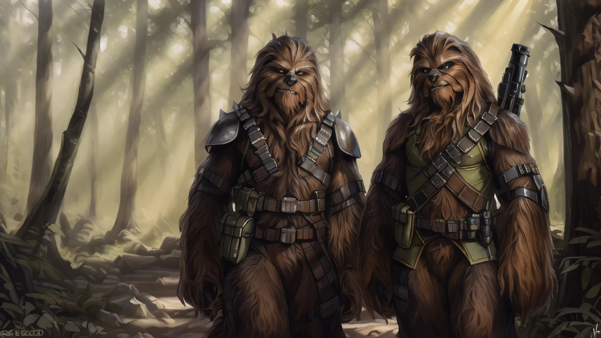 ((Two tall strong male wookies wearing green leotards with a utility belt)), thigh holster, lapels, folded collar, bandoleer, leather straps, tactical, Star Wars blaster, gun, dilf, wide hips, shoulder pads, 4K, Detailed Background, forest, bright sunlight, full view, full body view, detailed eyes, narrow eyes, realistic eyes, serious eyes, symmetrical eyes, by personalami, by ruardri, by thebigslick, by kenket