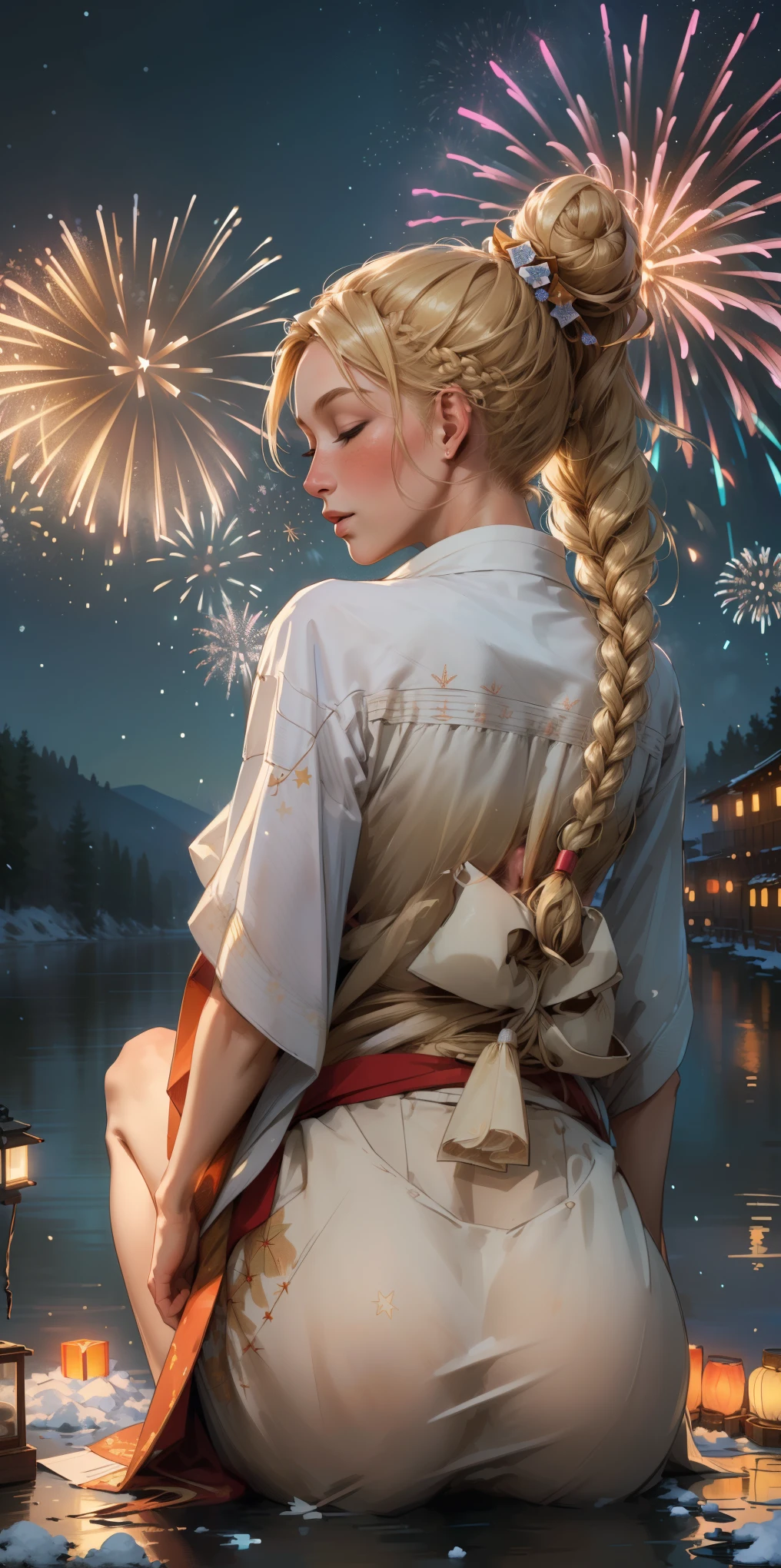 (((masterpiece))), (1girl:1.5), hyper detailed, highres, ((best quality)), (extremely delicate and beautiful), {8k cg wallpaper}, illustration, (blush), (braided ponytail | ponytail | hairbun), (extremely detailed background:1.6), (very long black hair|blonde hair), detailed face, night, festival, (kimono:0.7), outdoors, lantern, (fireworks:1.4), paper lantern, snow, wind, snowflakes, hair ornament, closed eyes, (from behind:1.3), sitting, river, riverbank, starry sky, (holding hands:0.6), leaning on person, pointing, on heaven