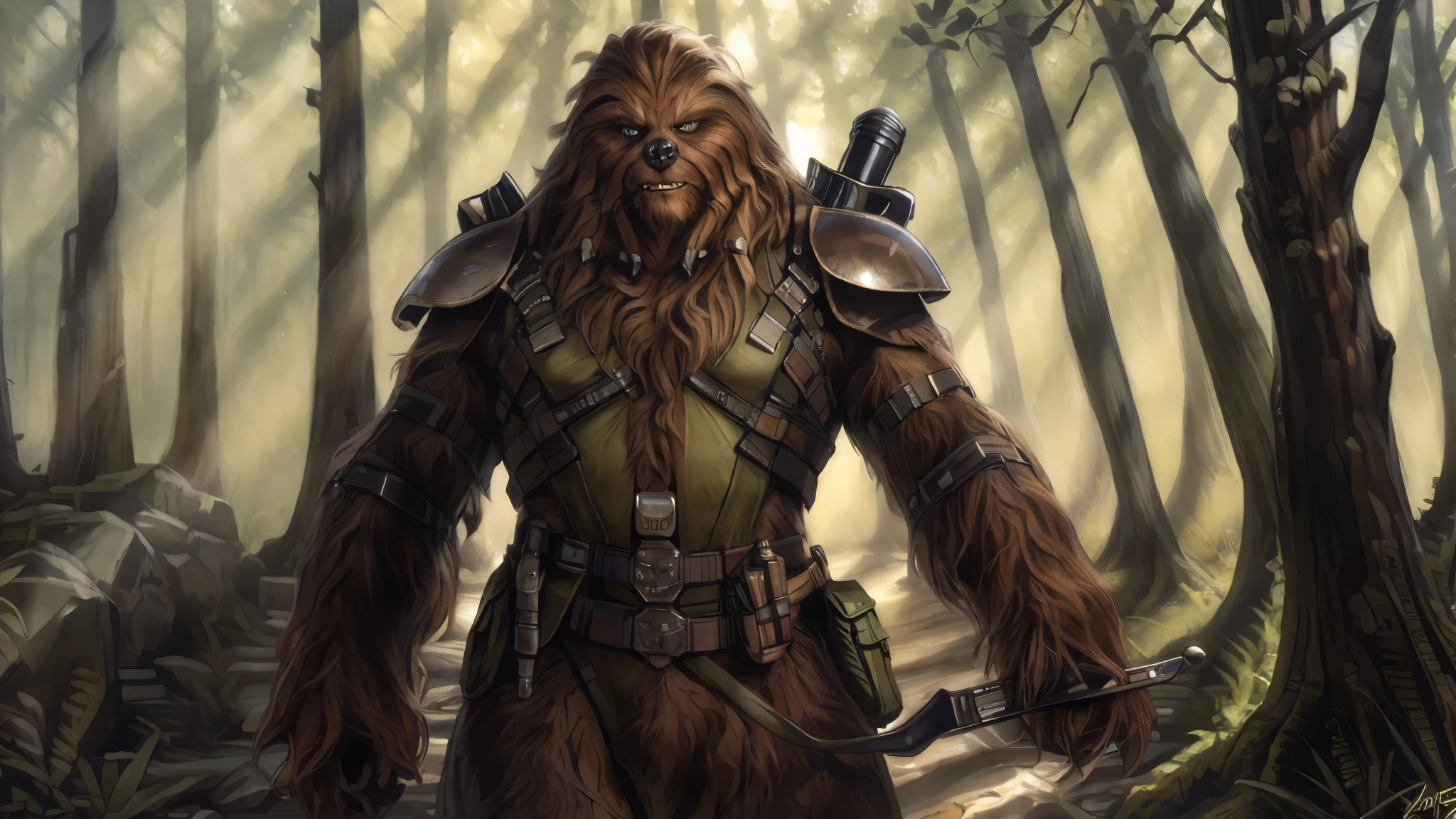 ((Two tall strong male wookies wearing green leotards with a utility belt)), front view, looking at viewer, back view, butt, thigh holster, lapels, folded collar, bandoleer, leather straps, tactical, Star Wars blaster, gun, dilf, wide hips, shoulder pads, 4K, Detailed Background, forest, bright sunlight, full view, full body view, long fur, detailed eyes, narrow eyes, realistic eyes, serious eyes, symmetrical eyes, by personalami, by ruardri, by thebigslick, by kenket