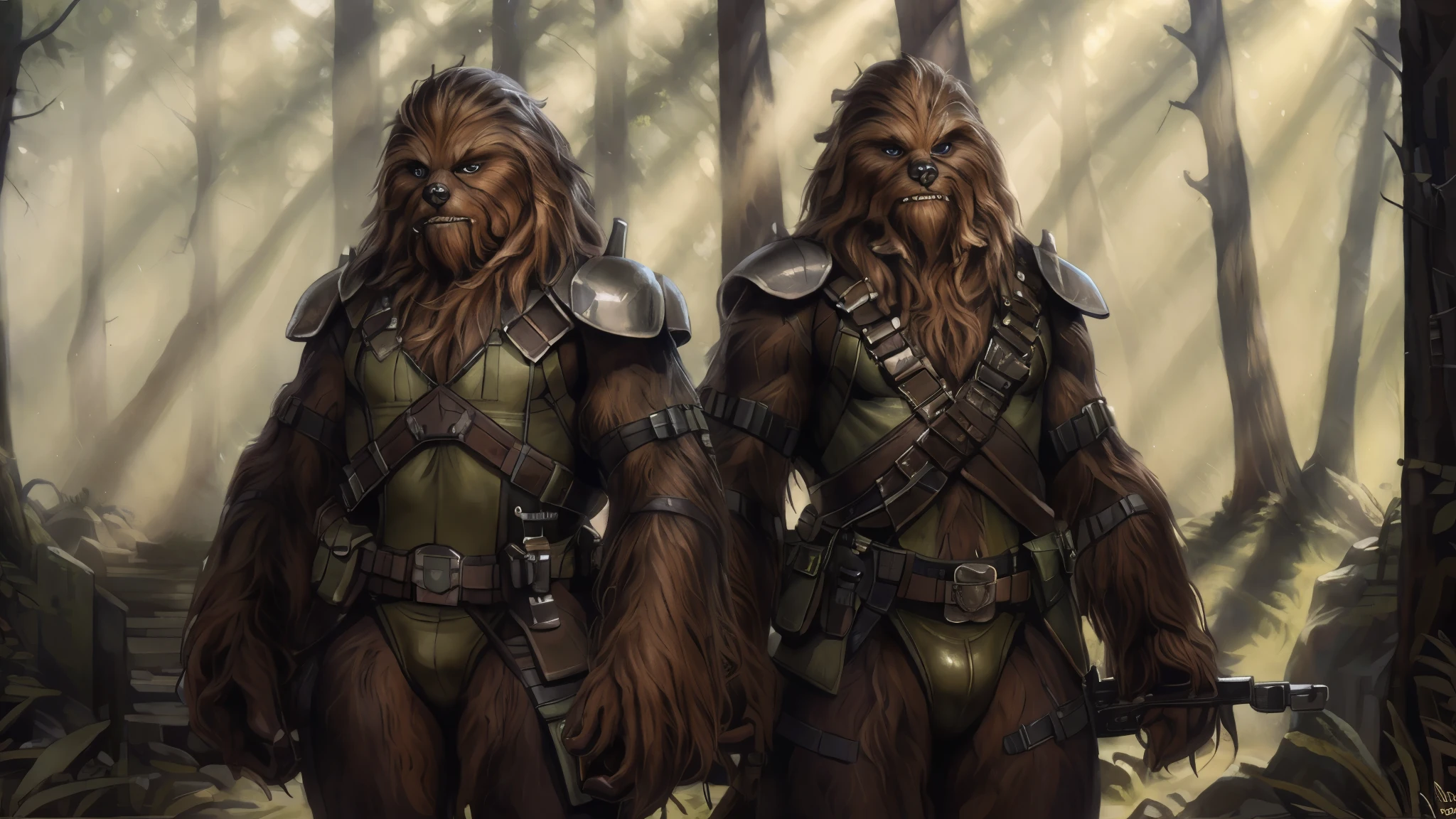 ((Two tall strong male wookies wearing green leotards with a utility belt)), front view, looking at viewer, back view, butt, thigh holster, lapels, folded collar, bandoleer, leather straps, tactical, Star Wars blaster, gun, dilf, wide hips, shoulder pads, 4K, Detailed Background, forest, bright sunlight, full view, full body view, detailed eyes, narrow eyes, realistic eyes, serious eyes, symmetrical eyes, by personalami, by ruardri, by thebigslick, by kenket