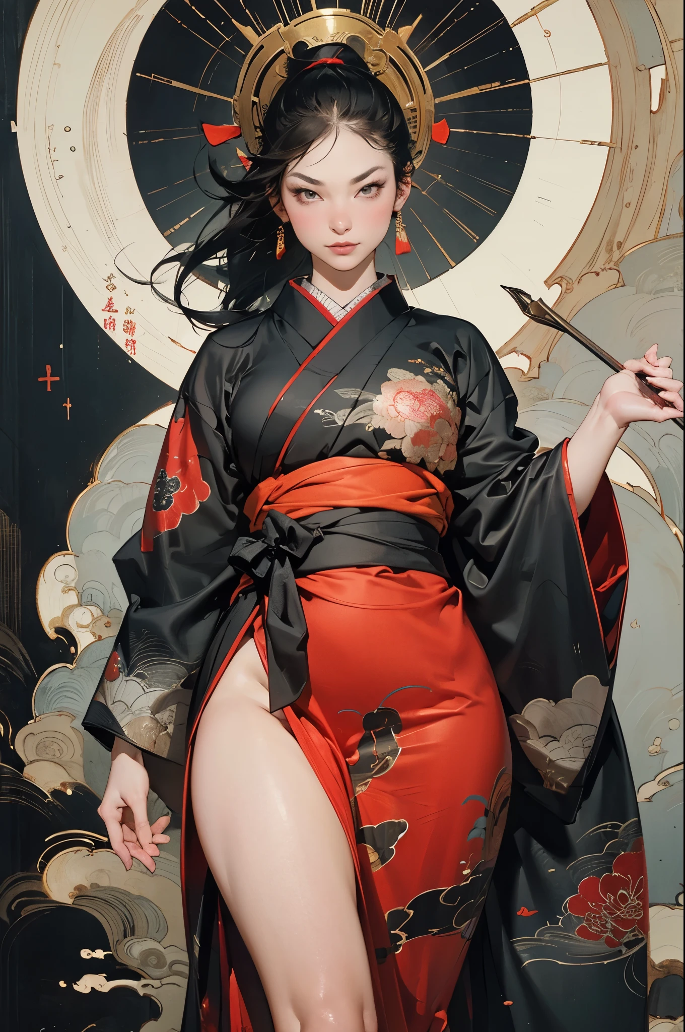 Umalinda warrior sexy, cara bonita, Deliciosa compañía, figura seductora, Usando un sexy kimono abierto. La obra de arte está creada en un medio que recuerda a las pinturas en tinta japonesa......, 具有大胆的笔触和Paleta de colores monocromática. Artista&#39;Técnica magistral revela la intensidad y el poder de la imagen.&#39;Sensación de presencia，con la más alta calidad, Capture perfectamente cada detalle con resolución ultraalta. Las texturas y los patrones intrincados de los kimonos se representan con extrema precisión.. La iluminación está cuidadosamente diseñada，Mejorar el drama, Presenta sombras profundas y reflejos sutiles.. General, La obra de arte rezuma elegancia y poder., Combinando la estética tradicional japonesa con un toque moderno.. Paleta de colores monocromática, Combina detalles, Crea experiencias cautivadoras e inmersivas para tu audiencia.