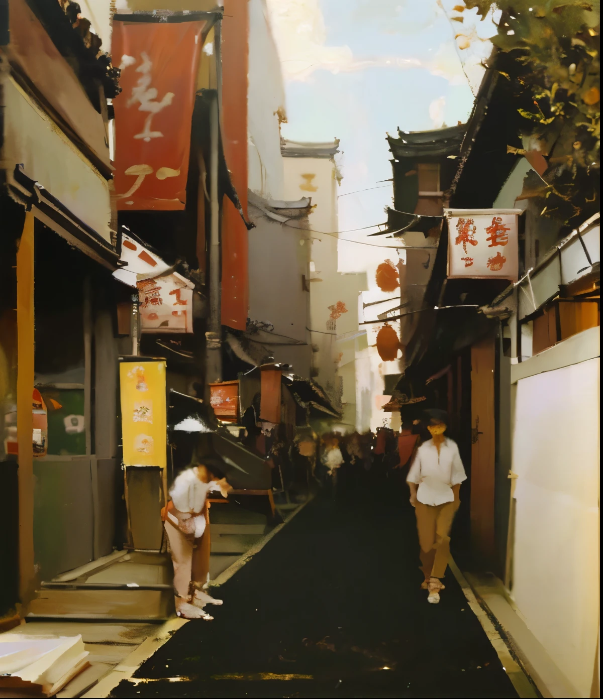 Street View，Crowds on the street, passers-by, shady alleys, Chinatown，Old city streets, oil painting style，oil paint strokes，Sunlight，行走的passers-by，19th century，Impressionism，Sunlight，