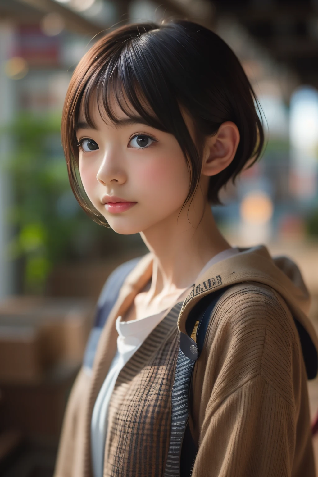 Ultra High Resolution, (Realistic: 1.4), RAW Photo, Best Quality, (Photorealistic), Focus, Soft Light, ((15 years old)), ((Japanese)), (Front, Young Face))), (Depth of Field), (One Piece), Masterpiece, (Photoreal), Woman, Bangs, ((short hair, 1 Girl))