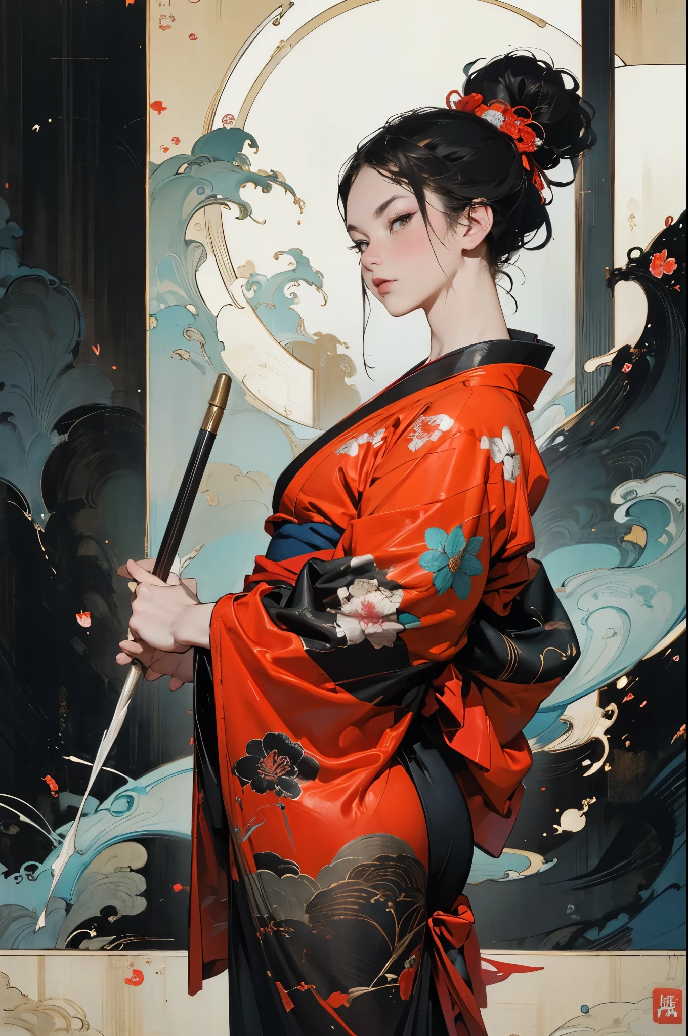 Wait warrior sexy, pretty face, Delicious Company, Alluring figure, Wearing a sexy open kimono. The artwork is created in a medium reminiscent of Japanese ink paintings....., Features bold brushstrokes and a Monochromatic color palette. artist&#39;Masterful technique reveals the intensity and power of the image&#39;sense of presence，with the highest quality, Perfectly capture every detail with ultra-high resolution. Textures and intricate patterns on kimonos are rendered with extreme precision. Lighting is carefully designed，Enhance drama, Features deep shadows and subtle highlights. General, The artwork exudes elegance and power, Combining traditional Japanese aesthetics with a modern feel. Monochromatic color palette, Combine details, Create captivating and immersive experiences for your audience.