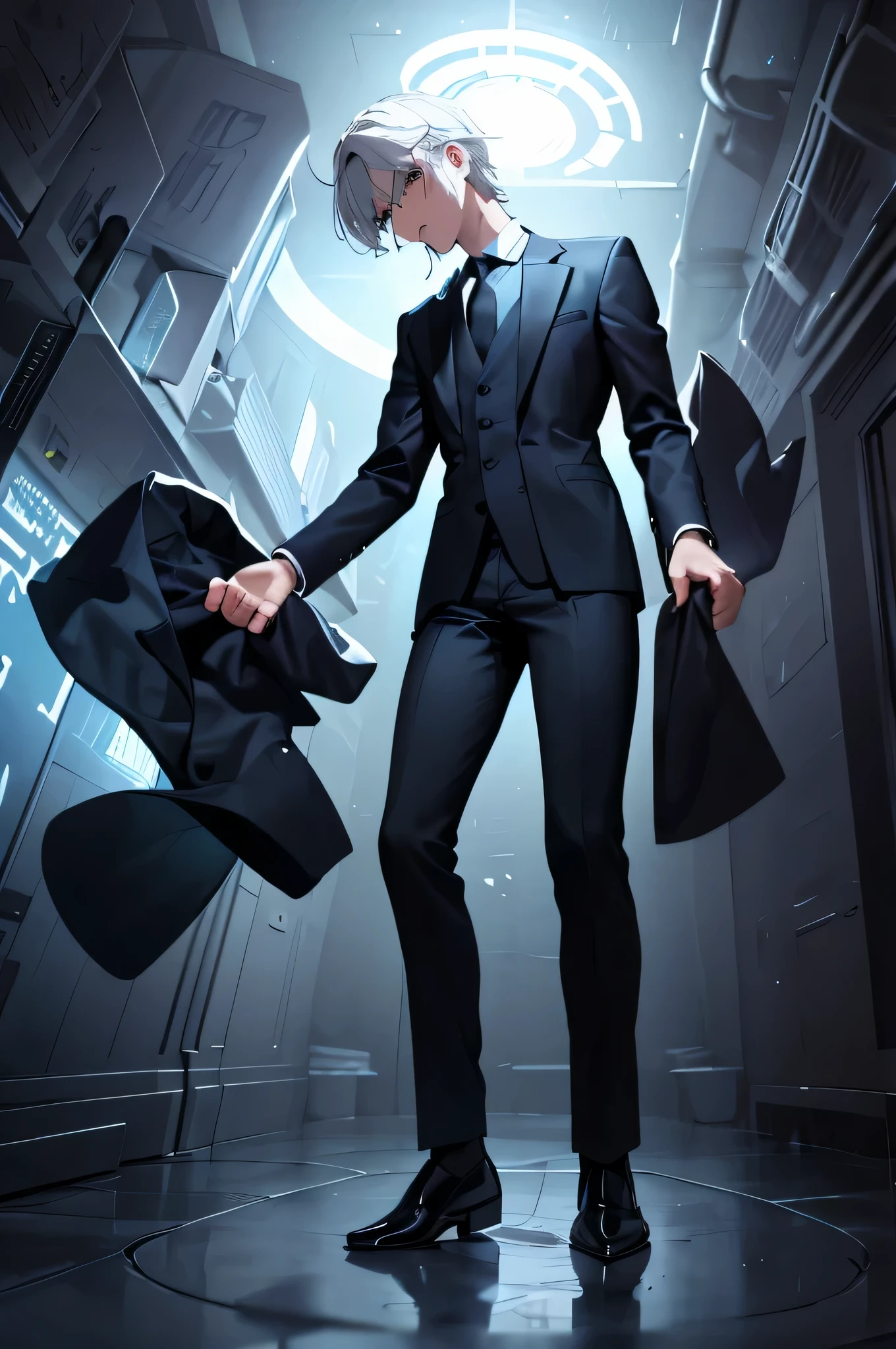 A person wears a suit、man in tie standing there，hands open, full body portrait of a short!, Single character full body, character full body portrait, full body portrait, elegant standing posture, full body single character, whole body concept, he is wearing a suit, !!full body portrait!!, Tall blue eyed anime character, full body portrait, full body character