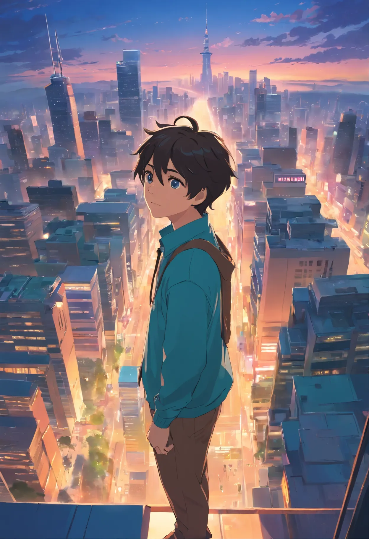 There is a 15 year old boy looking down on a modern city. Chic is a person from the past trapped in the future.