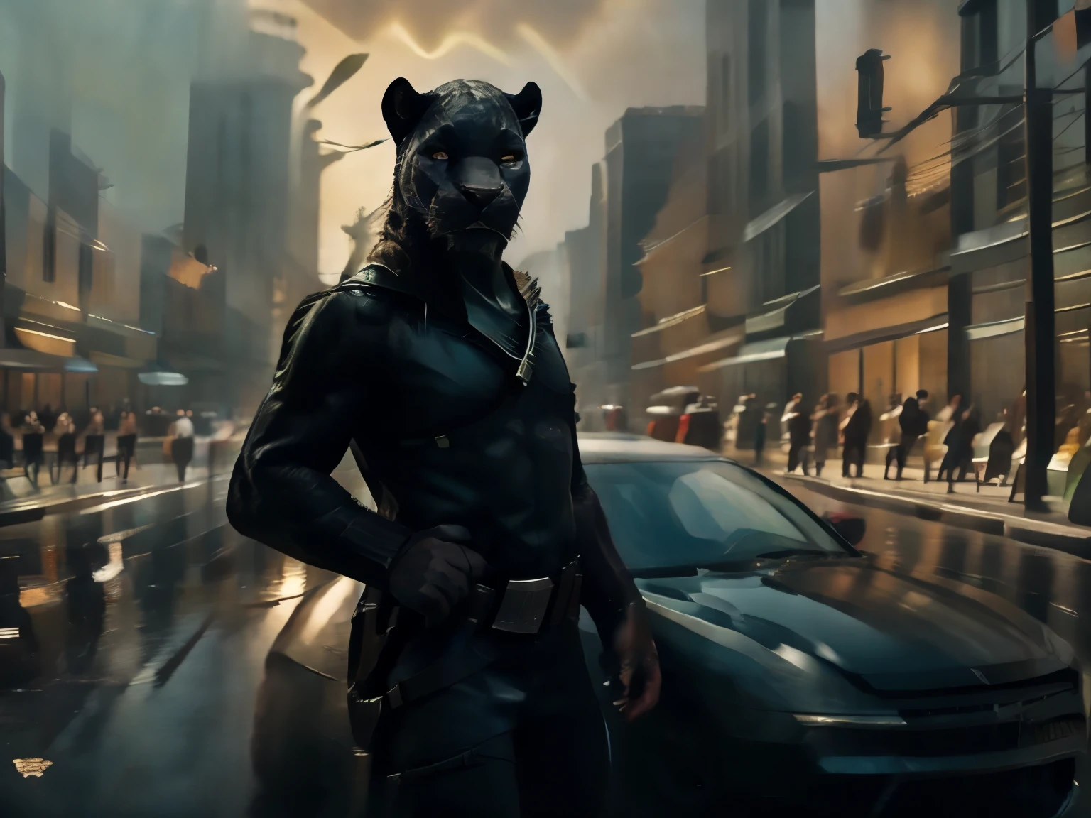 (A black panther dressed as a sheriff standing in a western town), photo realistic, anthropomorphic male black cat cowboy, futuristic law enforcement, hyper realistic, masterpiece, anthropomorphic cop, marshal, bounty hunter, western scene, cowboy town, rustic town