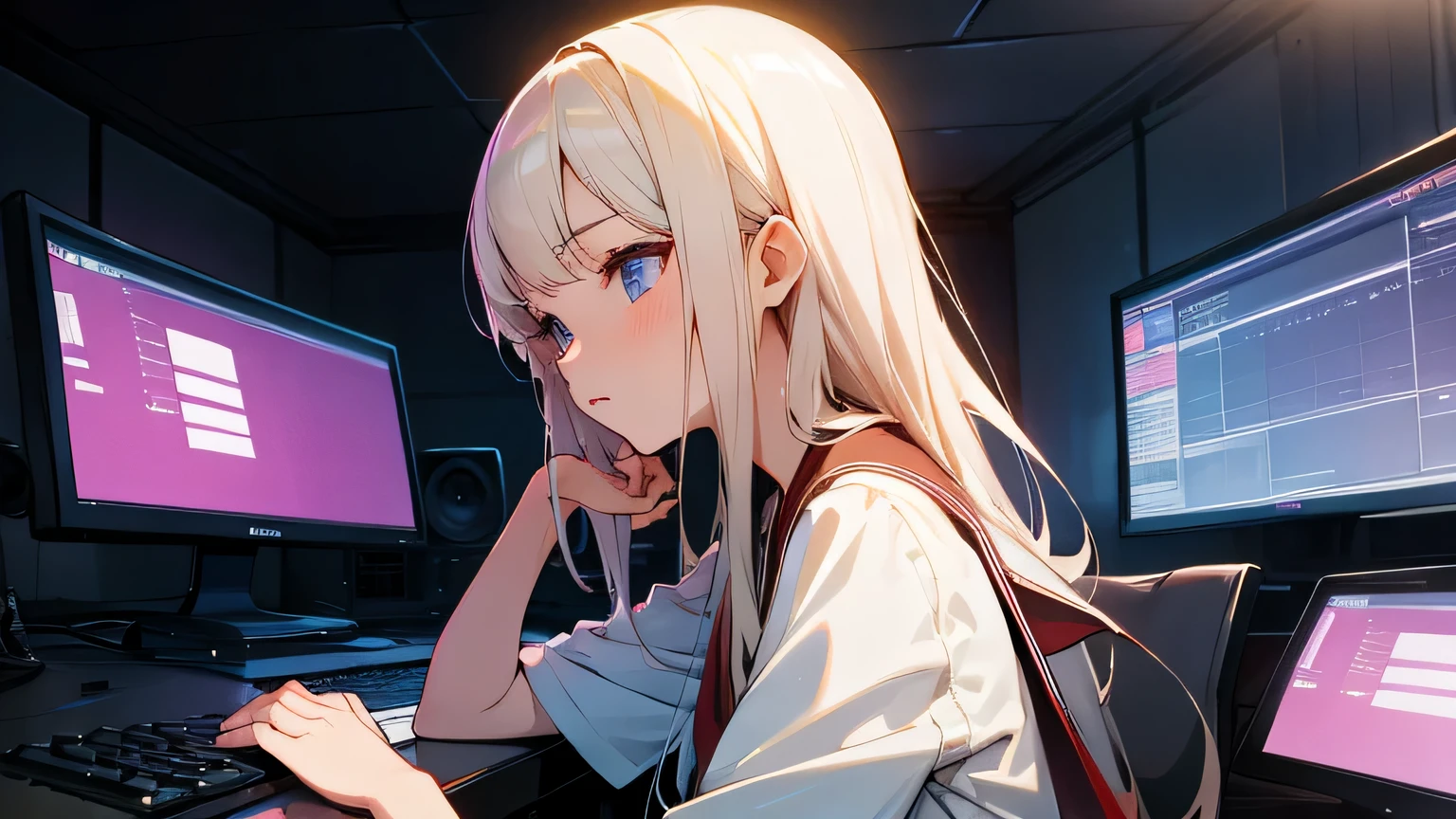 Anime girl sitting at a desk with a computer and a keyboard - SeaArt AI