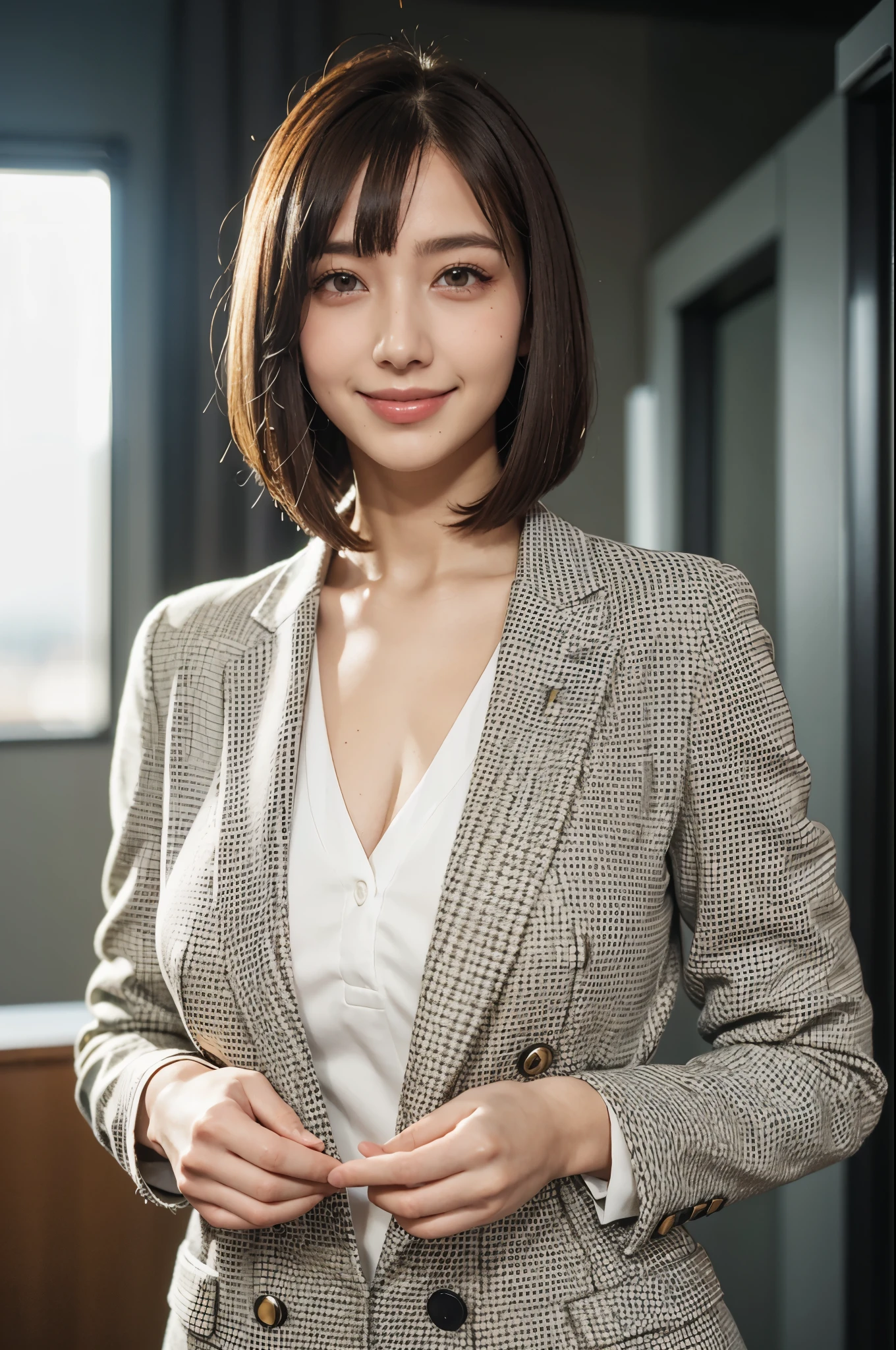 high quality,8K,high resolution,woman,1 personality,realistic texture,(smile),(company),(blazer dress),(bob cut),(),(smile),(),(),,