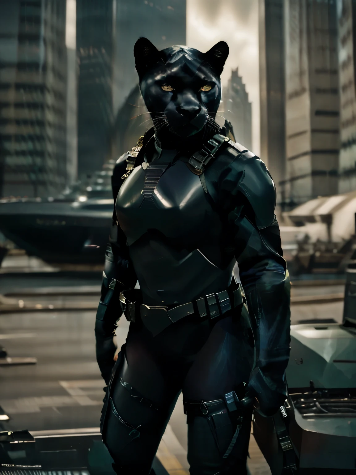 An anthropomorphic female black panther marine in uniform standing at parade rest outside a closed hatch, photo realistic, futuristic marine, black feline marine, black feline soldier, hyper realistic, masterpiece, futuristic spaceship interior, space marine guard, galactic marine, animarine, marine on duty