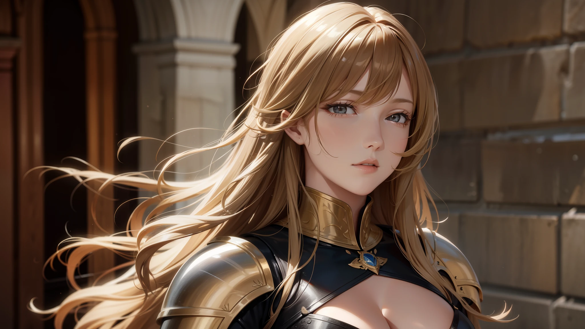 wallpaper of elegant medieval knight woman, wavy long hair, [[[brown hair]]], blonde hair, bangs hair, windy hair, leather armor, cleavage, high detailed brown eyes