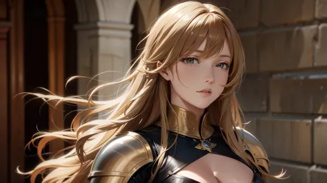 wallpaper of elegant medieval knight woman, wavy long hair, [[[brown hair]]], blonde hair, bangs hair, windy hair, leather armor...