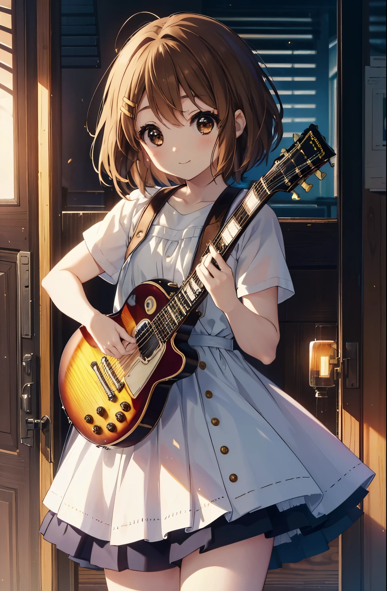 yuihirasawa, yui hirasawa, short hair, brown hair, hair ornaments, (brown eyes:1.5),blush,smile,white oversized sweater, black pleated skirt,White pantyhose,short boots,hair clip,guitar(Gibson　Les Paul)Flip、smile、Overlooking the city from the top of the hill、the sunset is beautiful、風が強い
break otdoors, ,
break looking at viewer, (cowboy shot:1.5),
break (masterpiece:1.2), highest quality, High resolution, unity 8k wallpaper, (figure:0.8), (detailed and beautiful eyes:1.6), highly detailed face, perfect lighting, Very detailed CG, (perfect hands, perfect anatomy),