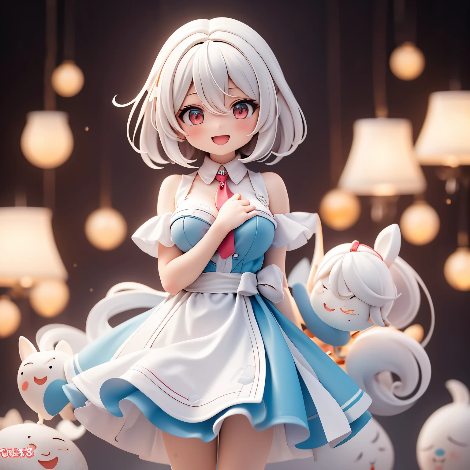 Alice, anime art style, 1 girl, alone, breast, watching_exist_audience, Smile, short_hair, Open_Mouth, big deal_breast, Red_Eye, hair_between_Eye, superior_Body, white_hair, :d, vague, chef