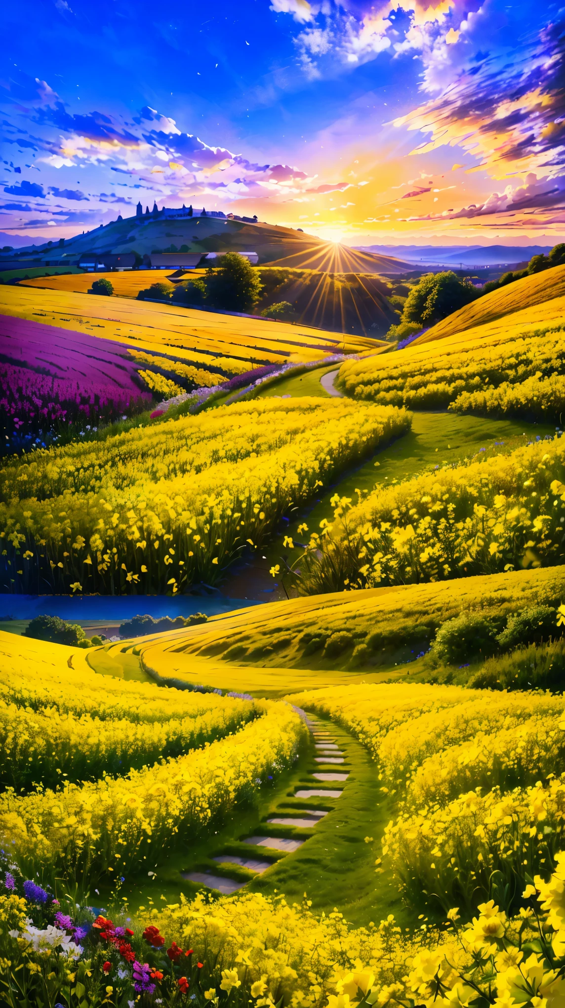 (8k, RAW photo, highest quality, masterpiece:1.2), high definition poster art design,rape blossom field, one yellow wave, romantic, magic hour, fantastic flower garden, lighted up petals, Contrast between sky and flower field, 詩的でromantic, Emphasis on individuality and uniqueness,poster design