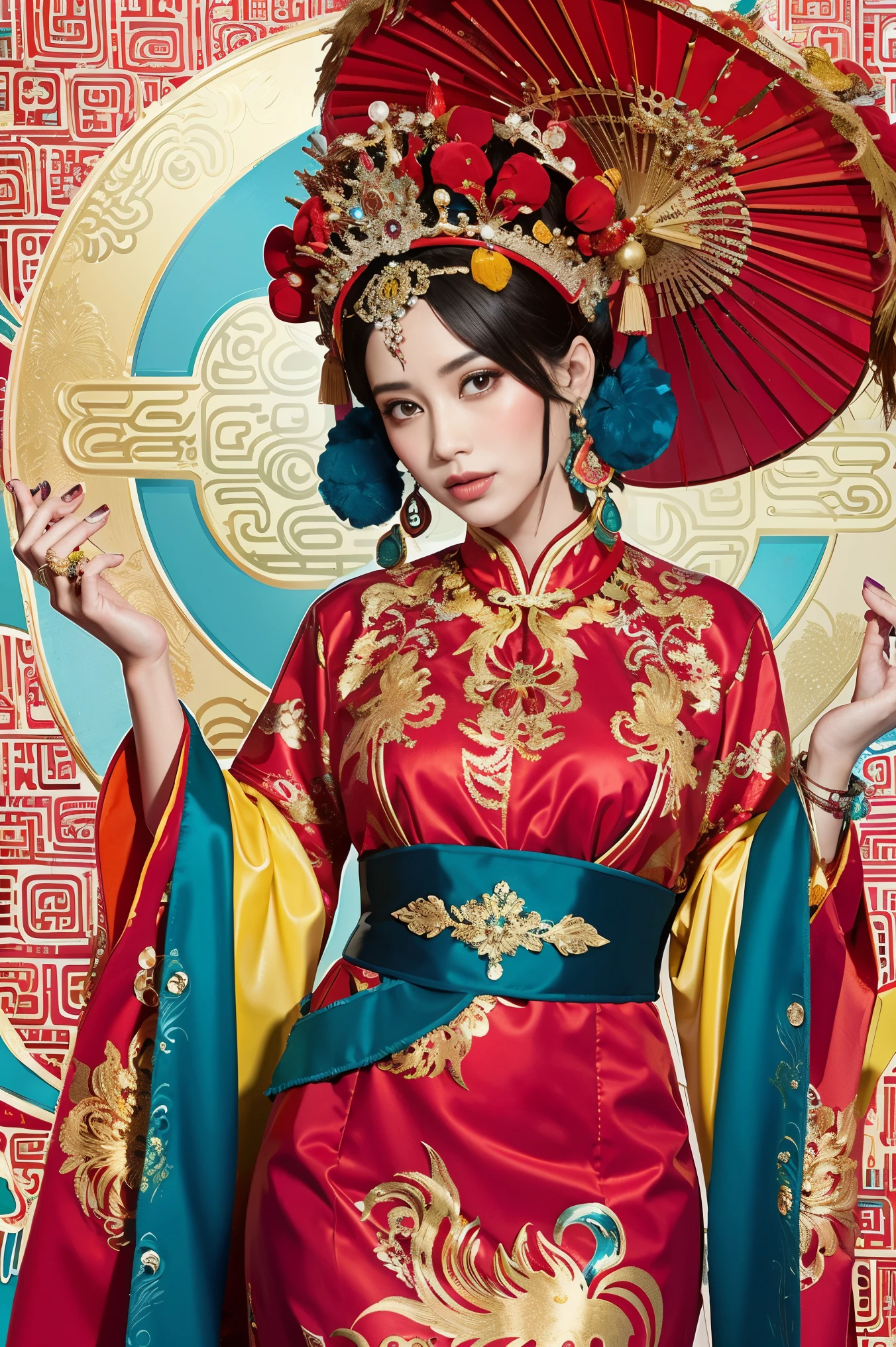Eine Frau in einem rot-goldenen chinesischen Kleid，Phönix Krone，eine chinesische Hochzeit，（Meisterstück，Top-Qualität，beste Qualität，offizielle Kunst，Schönheit und Ästhetik：1.2），（1Mädchen：1.3），Das ist sehr detailliert，（fraktale Kunst：1.1），Am ausführlichsten，（ verheddert:1.2), Ganzkörperesbian, (abstrakte Hintergründe:1.3), (Glänzende Haut), (viele Farbe:1.4), ,(Ohrringe), (feat:1.5),