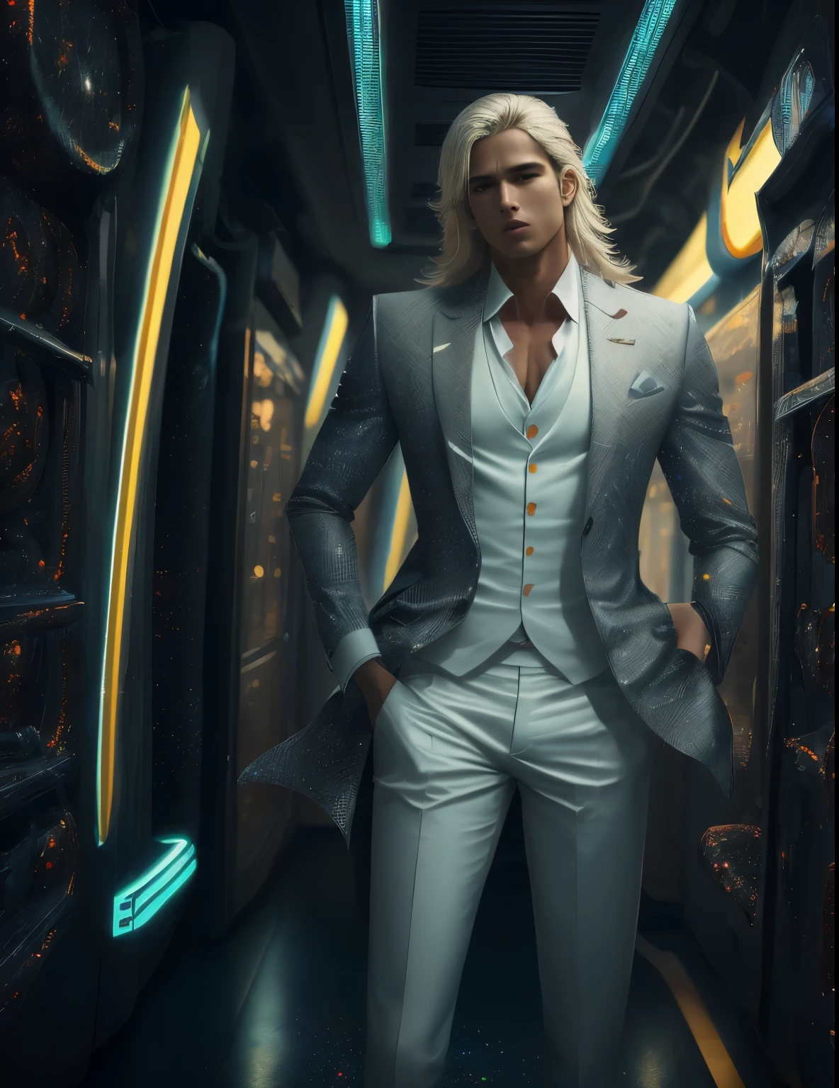 masterpiece, highest quality, (solo focus), (perfect face:1.1), (high detail:1.1),dramatic, 1guy, (pale skin), long white hair, white eyes, [light eyebrows], solo, long hair, , white luxury suit, covered navel, pouty lips, covered, futuristic city, detailed background,  rutkowski,  cinematic lighting, roses